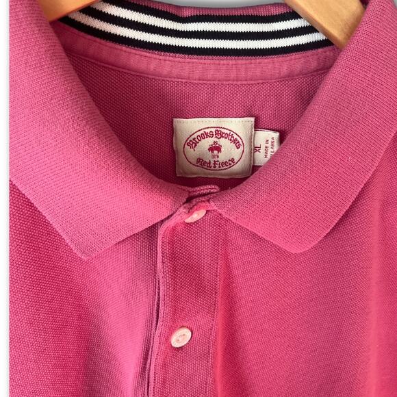 Brooks Brothers Red Fleece Polo Shirt XL Pink Striped Collar Accent Casual Prep - Picture 5 of 7